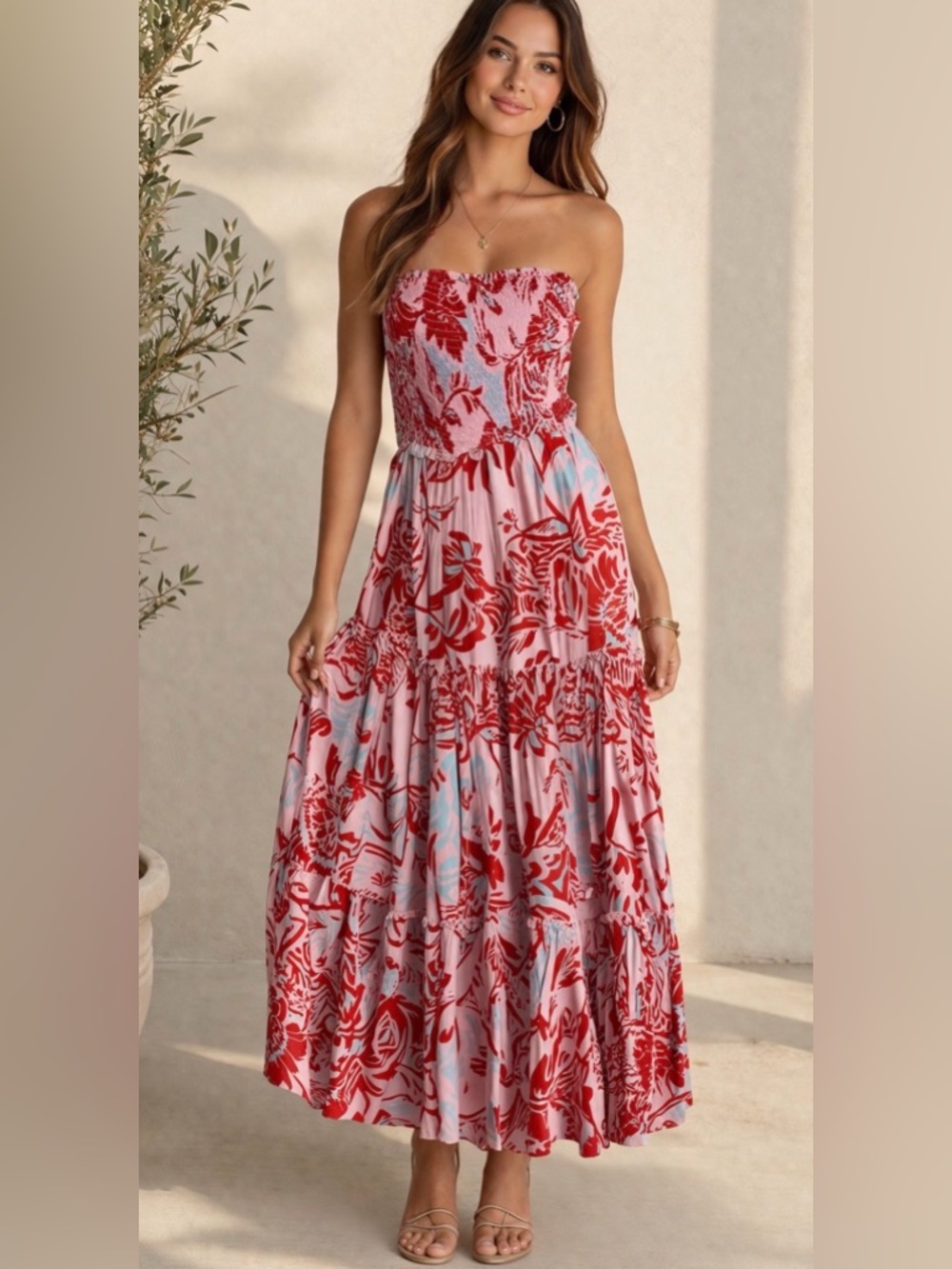 Smocked Strapless Red Floral Maxi Dress